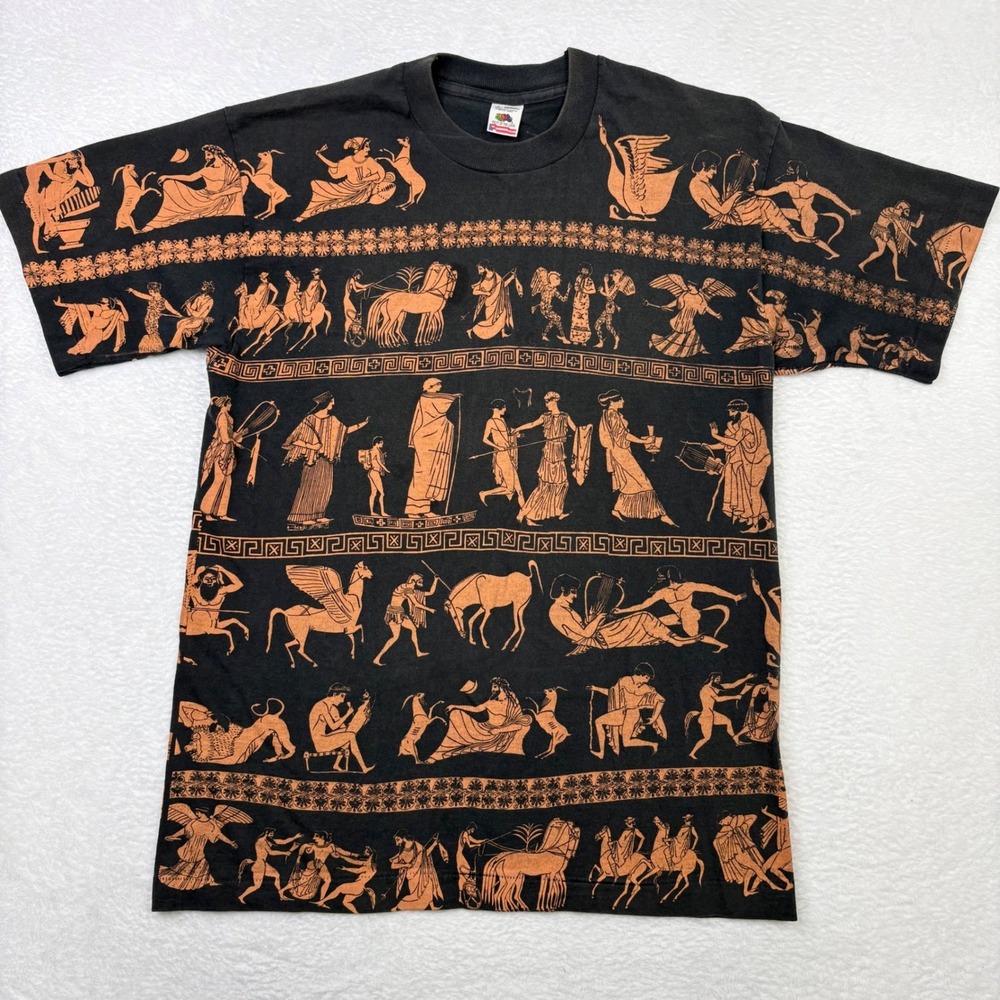 Vintage 90s Fruit of the Loom Greek Mythology All Over Print T-Shirt Large Black - Picture 2 of 11
